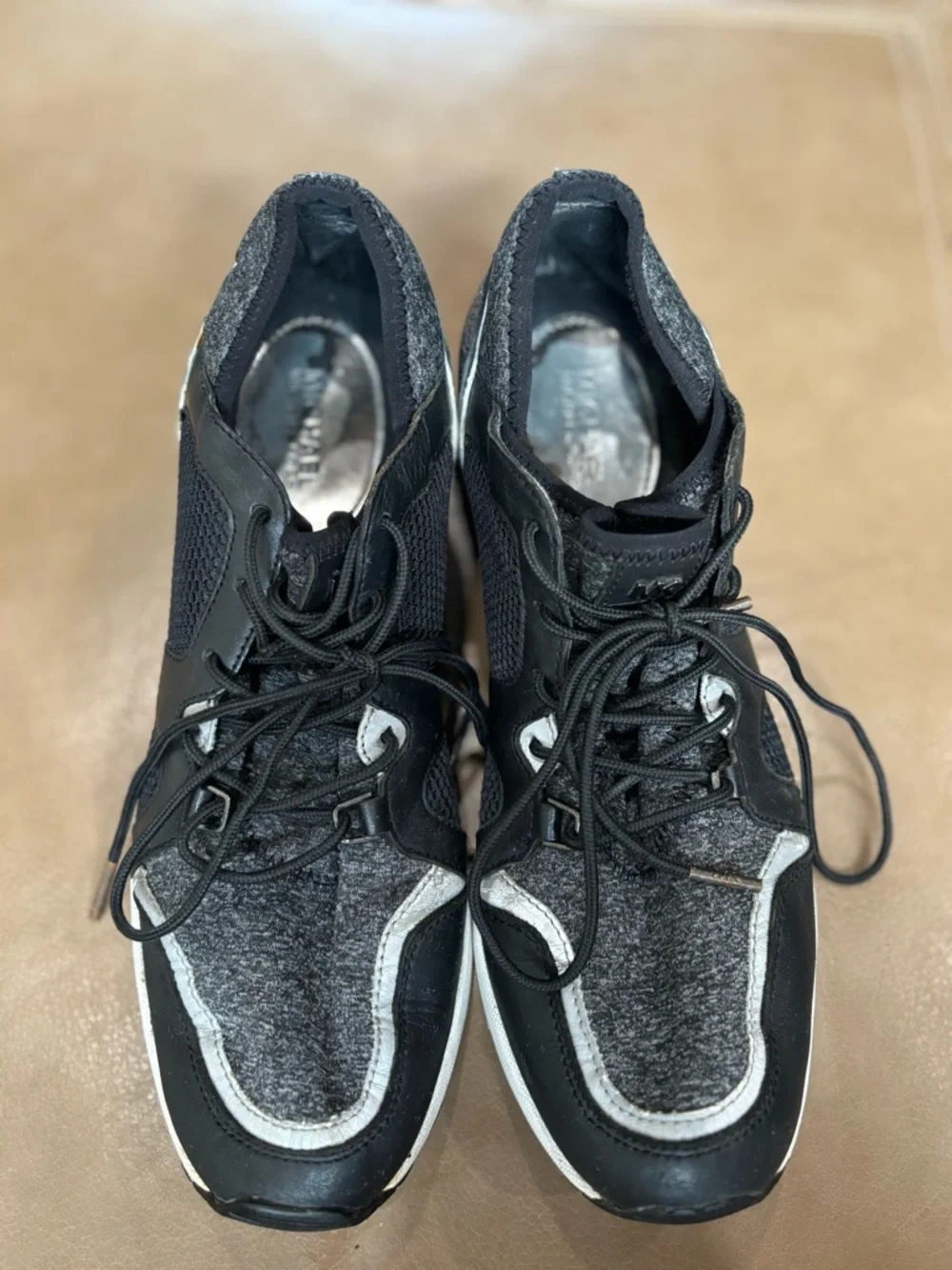 Michael Kors Black and Gray Knit Leather Lace-Up bold statement Sneakers